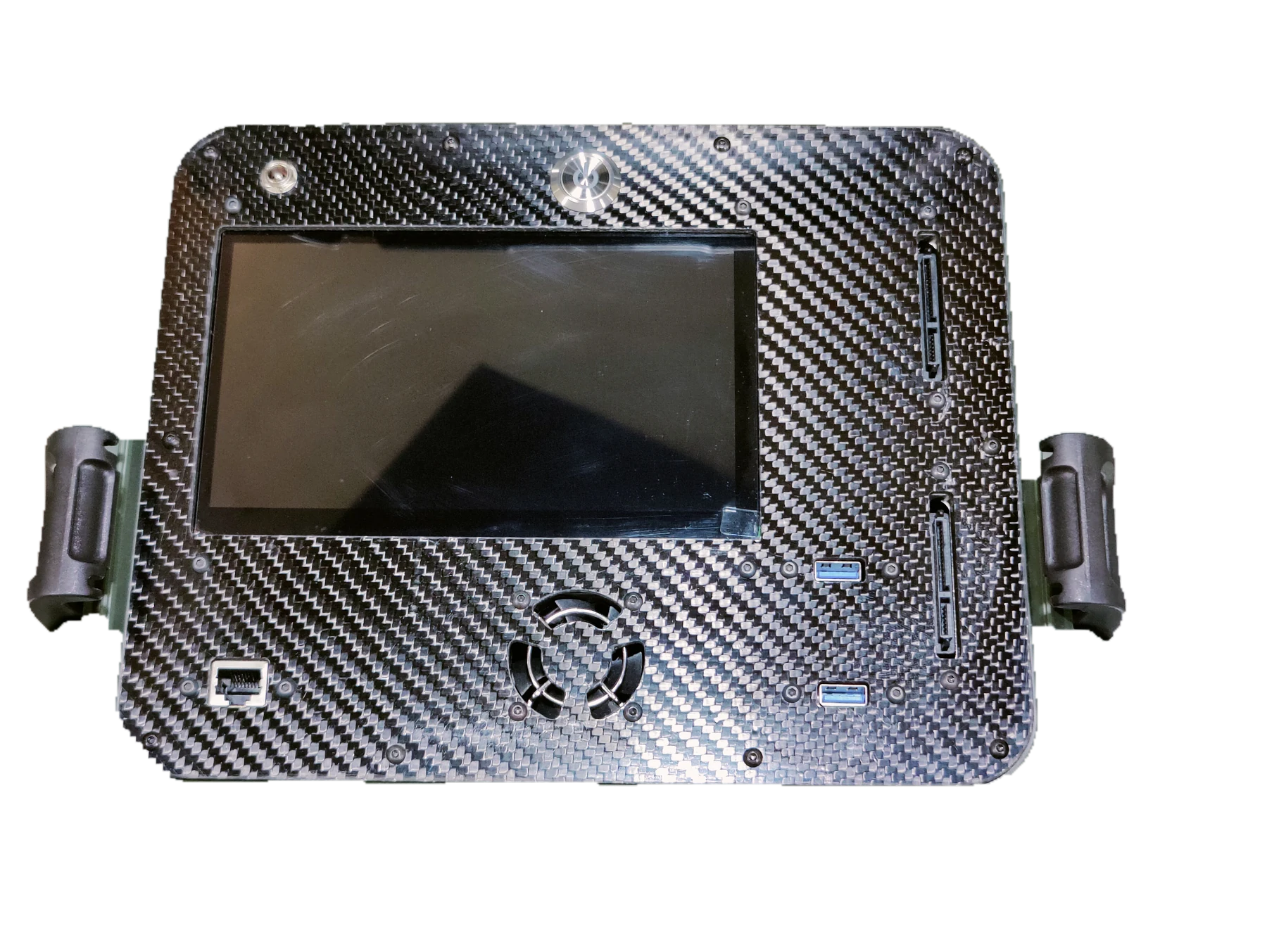 Field Forensic Nano top panel — carbon fiber fascia with 7 inch touch display, USB 3.0 ports and dual SATA write blocker bays