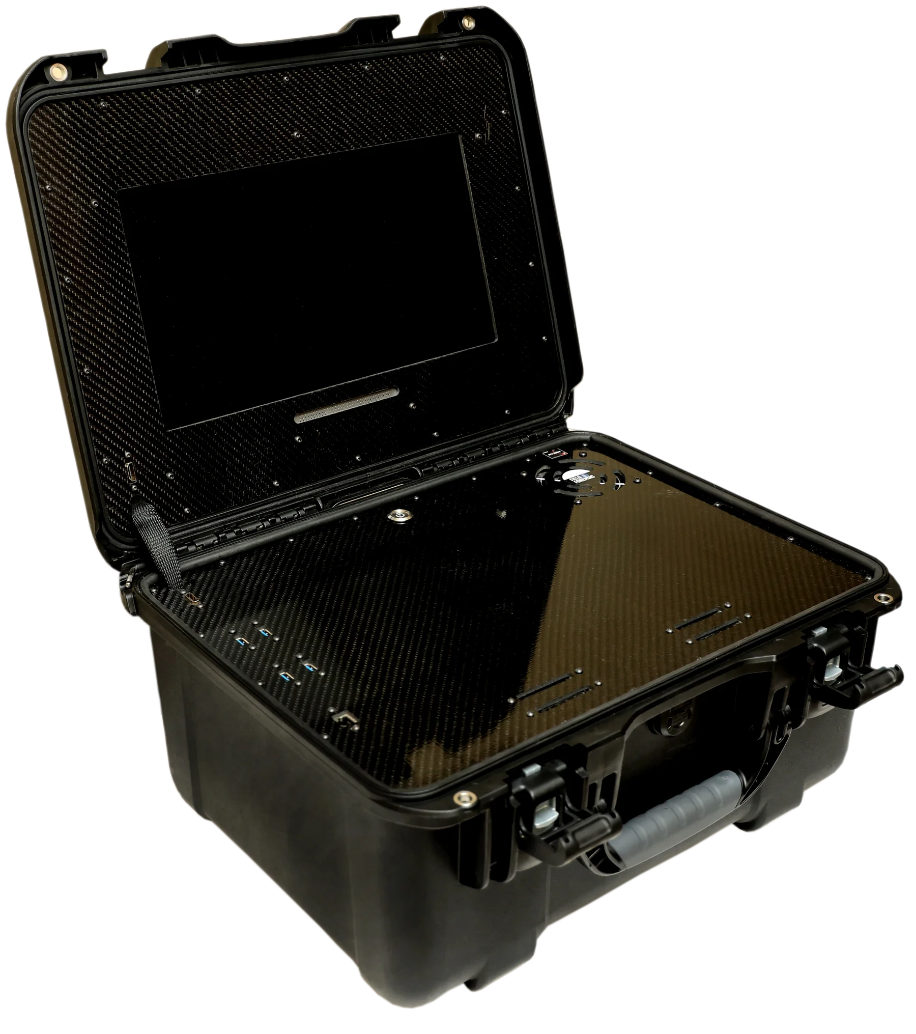 Field Forensic Pro — IP67 rugged case open showing 15.6 inch touch screen