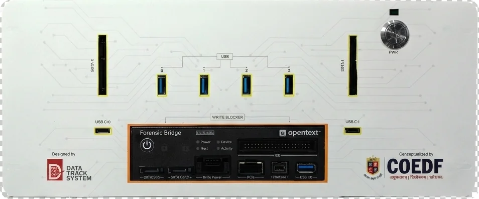 Field Forensic PRO-VN front panel — hot-swap SATA, USB, USB-C and internal OpenText Forensic Bridge write blocker
